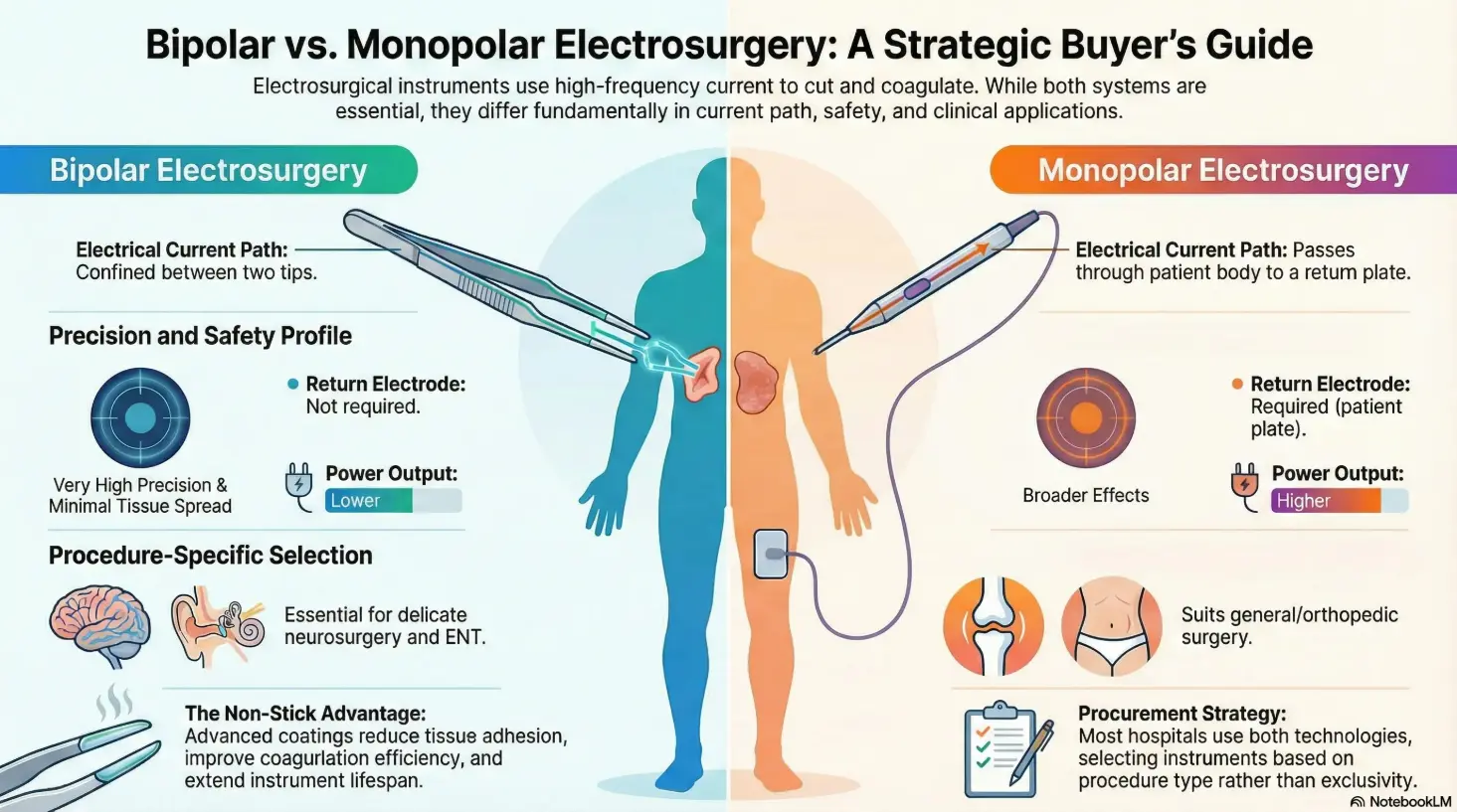 Discover the key differences between bipolar and monopolar electrosurgery, including electrical current paths, precision, safety profiles, and ideal clinical applications for neurosurgery, ENT, orthopedic, and general procedures. This guide helps buyers select the right instruments for enhanced efficiency and patient safety.
