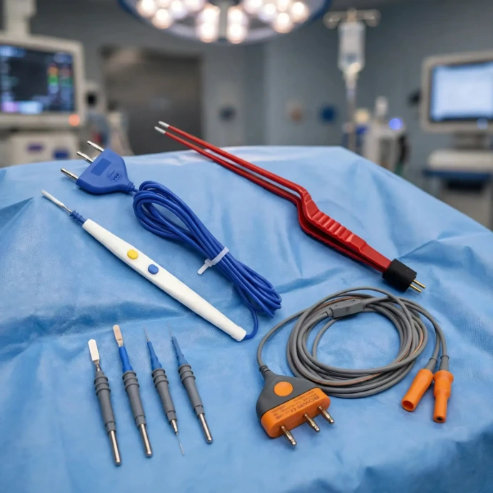 Electrosurgical accessories including an ESU pencil, Yasargil bipolar forceps, BOWA-compatible bipolar cable and active electrodes used in a modern hospital operating room