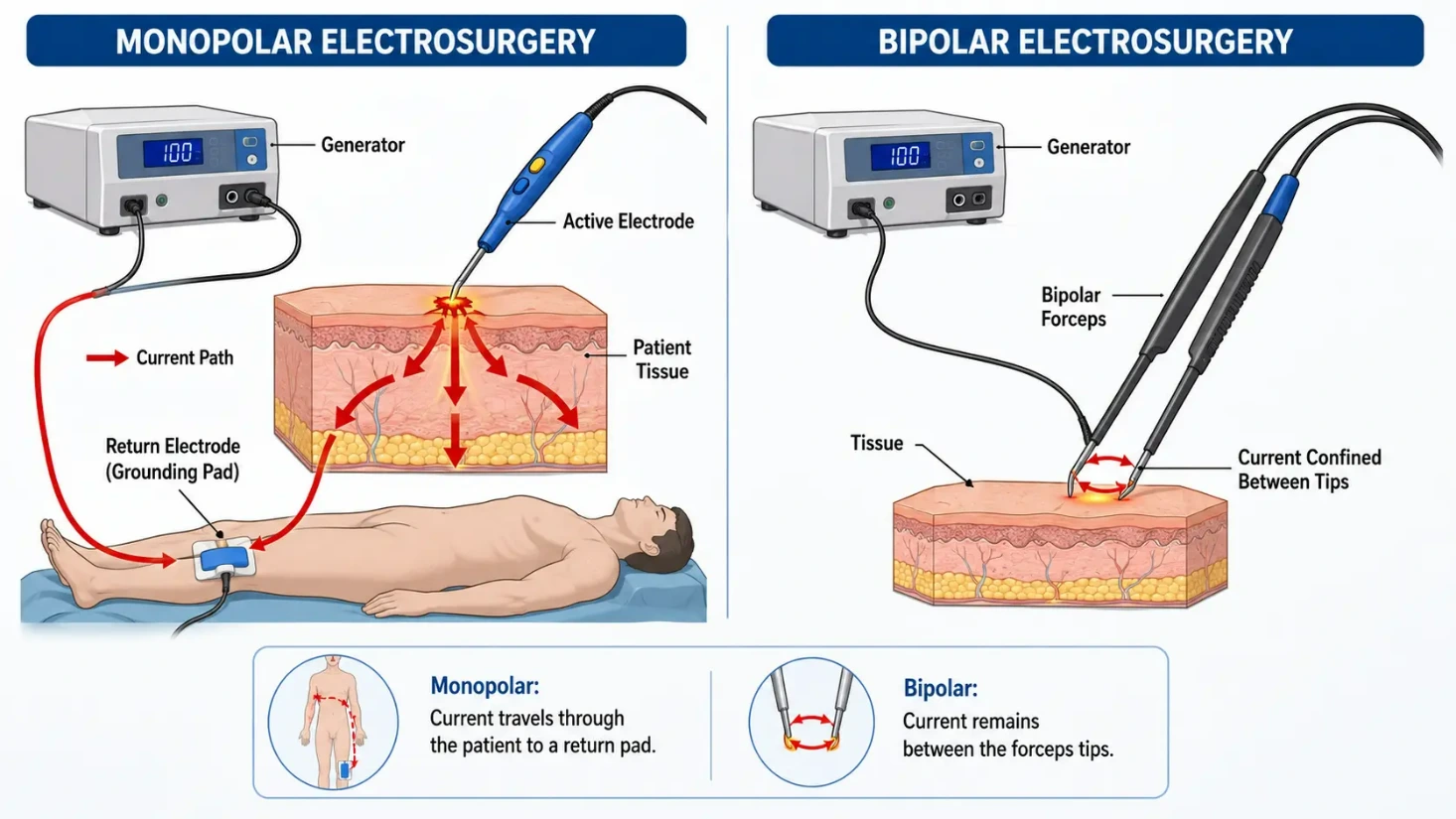 Monopolar vs bipolar electrosurgery current path diagram showing return pad and confined tip circuit